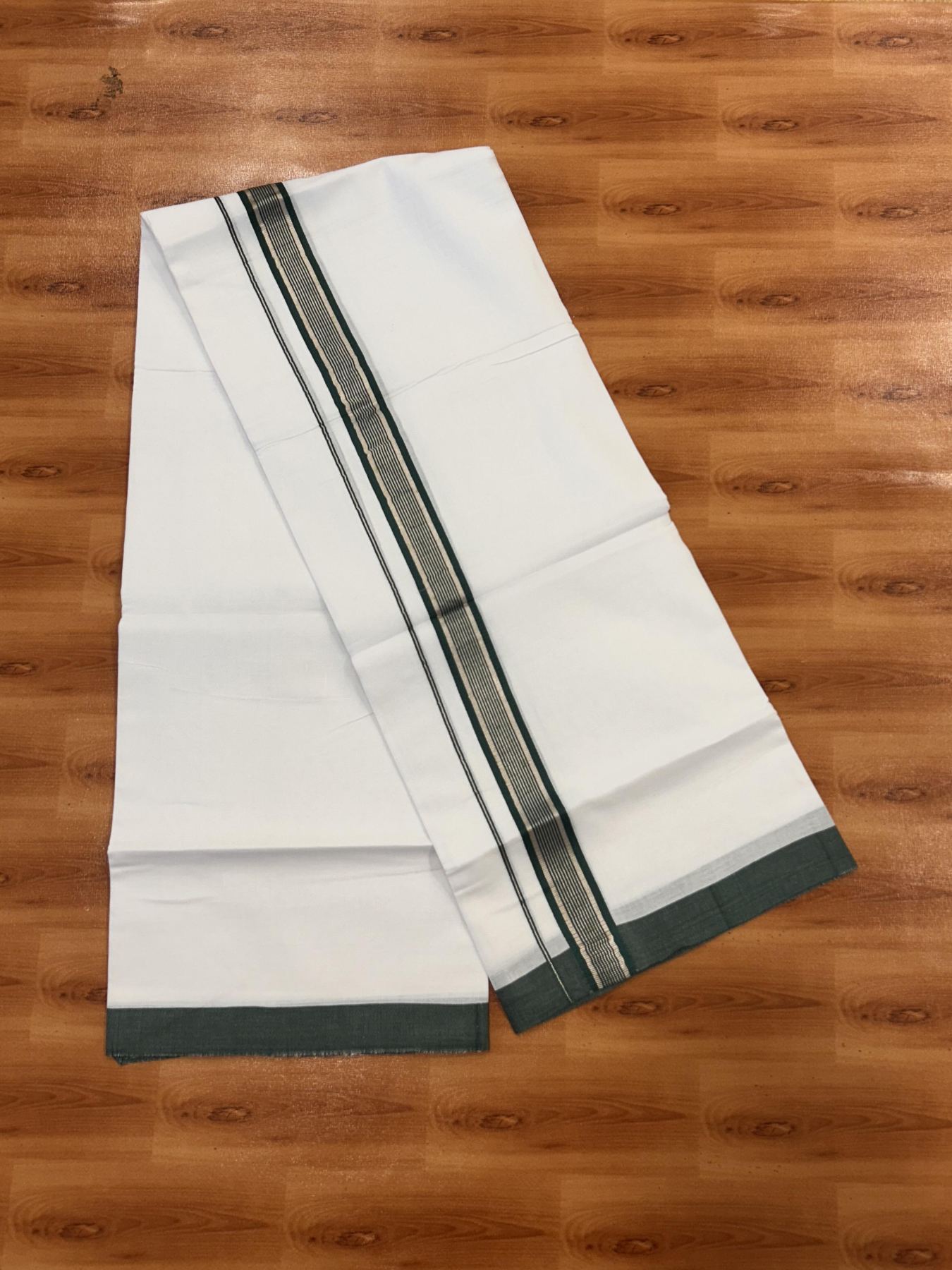 Double Pure White Mundu/Dhoti - 20% Discount !! KaithariKada Balaramapuram 100% Cotton - 60s - 1.25 Inch Dark Green Shaded Silver Kasav Striped Kara - 3.85 mtr ( 8 muzham) - 15 KK5425 PMC