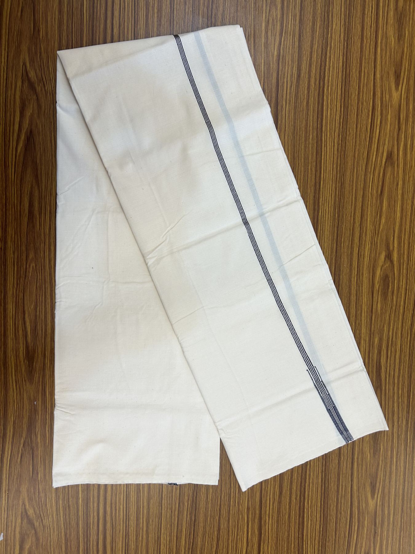 20% Discount ! KaithariKada Balaramapuram 100% Cotton Single Off White (Unbleached) Mundu/Dhoti- Twisted 100s Thread- 1 cm Puliyilakkara Silver Kasav & Blue Chutty Kara  (2 meter / 4 muzham)- 9 KK5324 ASH - Border Stitched