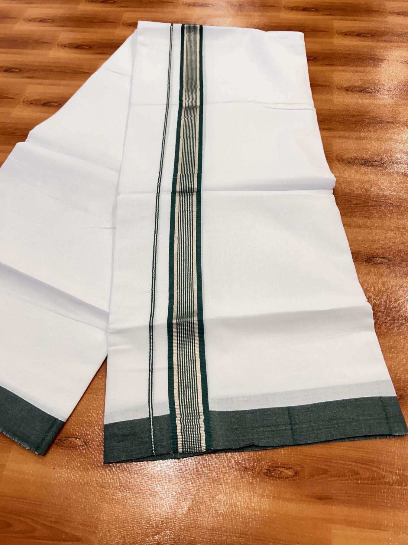 Double Pure White Mundu/Dhoti - 20% Discount !! KaithariKada Balaramapuram 100% Cotton - 60s - 1.25 Inch Dark Green Shaded Silver Kasav Striped Kara - 3.85 mtr ( 8 muzham) - 15 KK5425 PMC