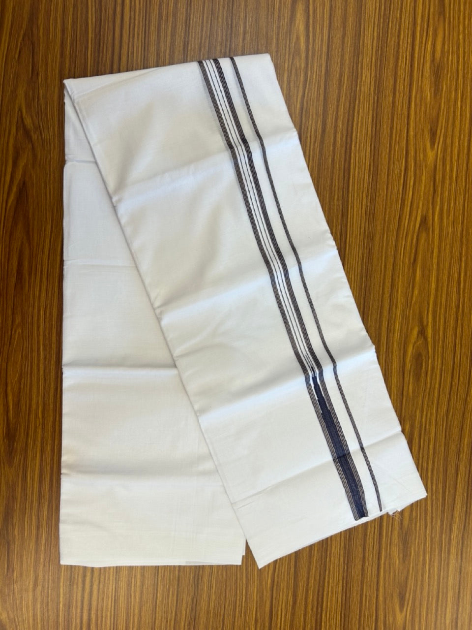 20% Discount ! Kaitharikada Balaramapuram 100% Cotton Pure White Double Mundu/Dothi - 100x80 - 1 inch Puliyilakkara Silver Kasav & Navy Blue One Side Chutty Kara  3.90 mtr (8 muzham) - 82 KK5285 VAS