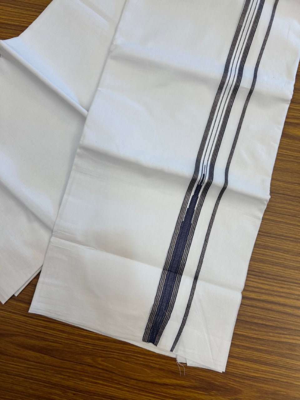 20% Discount ! Kaitharikada Balaramapuram 100% Cotton Pure White Double Mundu/Dothi - 100x80 - 1 inch Puliyilakkara Silver Kasav & Navy Blue One Side Chutty Kara  3.90 mtr (8 muzham) - 82 KK5285 VAS