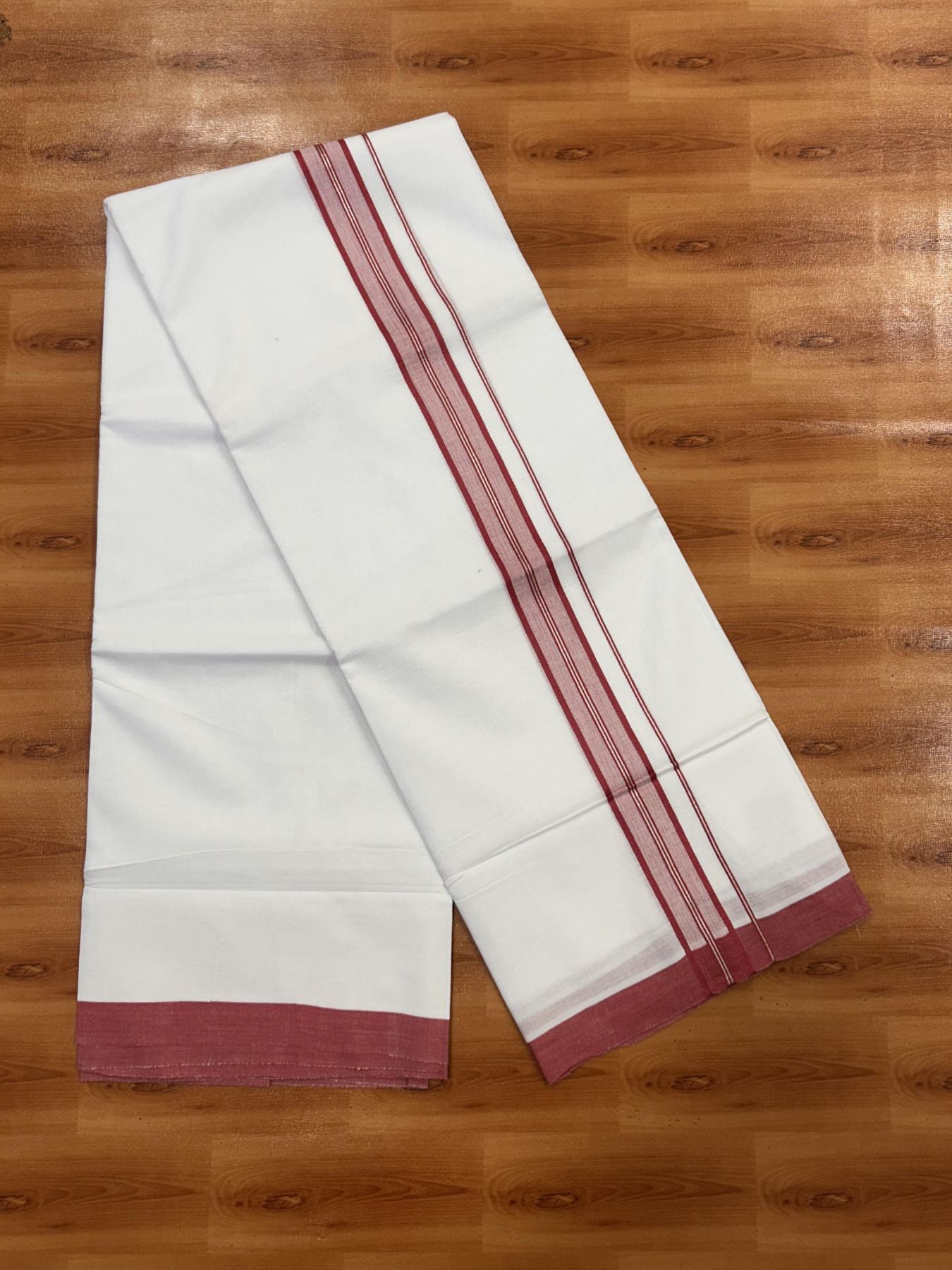 Double Pure White Mundu/Dhoti - 20% Discount !! KaithariKada Balaramapuram 100% Cotton - 60s - 1.25 Inch Crimson Red Shaded Silver Kasav Striped Kara - 3.85 mtr ( 8 muzham) - 17 KK5425 PMC