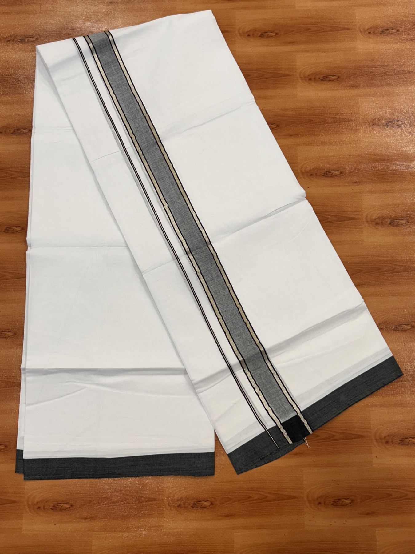 Double Pure White Mundu/Dhoti - 20% Discount !! KaithariKada Balaramapuram 100% Cotton - 60s - 1.25 Inch Black Shaded Silver Kasav Striped Kara - 3.85 mtr ( 8 muzham) - 18 KK5425 PMC