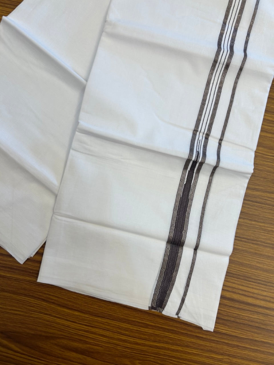 20% Discount ! Kaitharikada Balaramapuram 100% Cotton Pure White Double Mundu/Dothi - 100x80 - 1 inch Puliyilakkara Silver Kasav & Dark Brown One Side Chutty Kara  3.90 mtr (8 muzham) - 84 KK5285 VAS