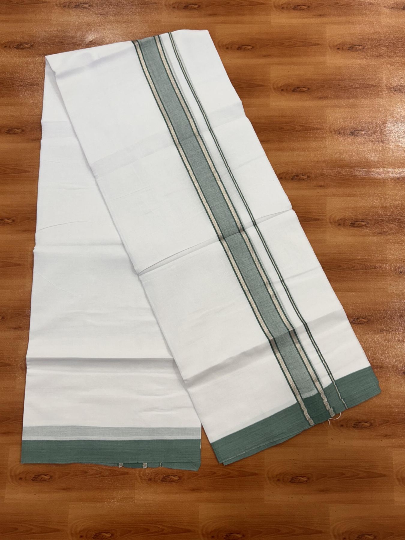 Double Pure White Mundu/Dhoti - 20% Discount !! KaithariKada Balaramapuram 100% Cotton - 60s - 1.5 Inch Dark Sage Green Shaded Silver Kasav Striped Kara - 3.85 mtr ( 8 muzham) - 19 KK5425 PMC