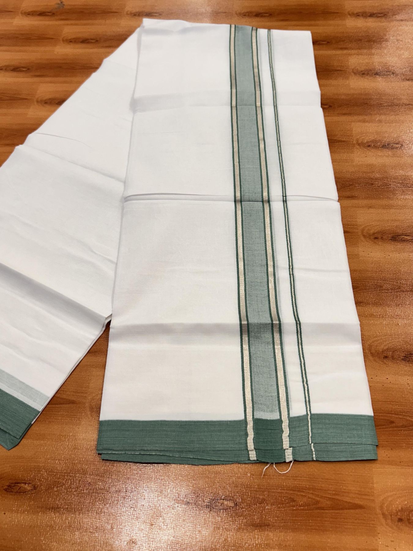 Double Pure White Mundu/Dhoti - 20% Discount !! KaithariKada Balaramapuram 100% Cotton - 60s - 1.5 Inch Dark Sage Green Shaded Silver Kasav Striped Kara - 3.85 mtr ( 8 muzham) - 19 KK5425 PMC