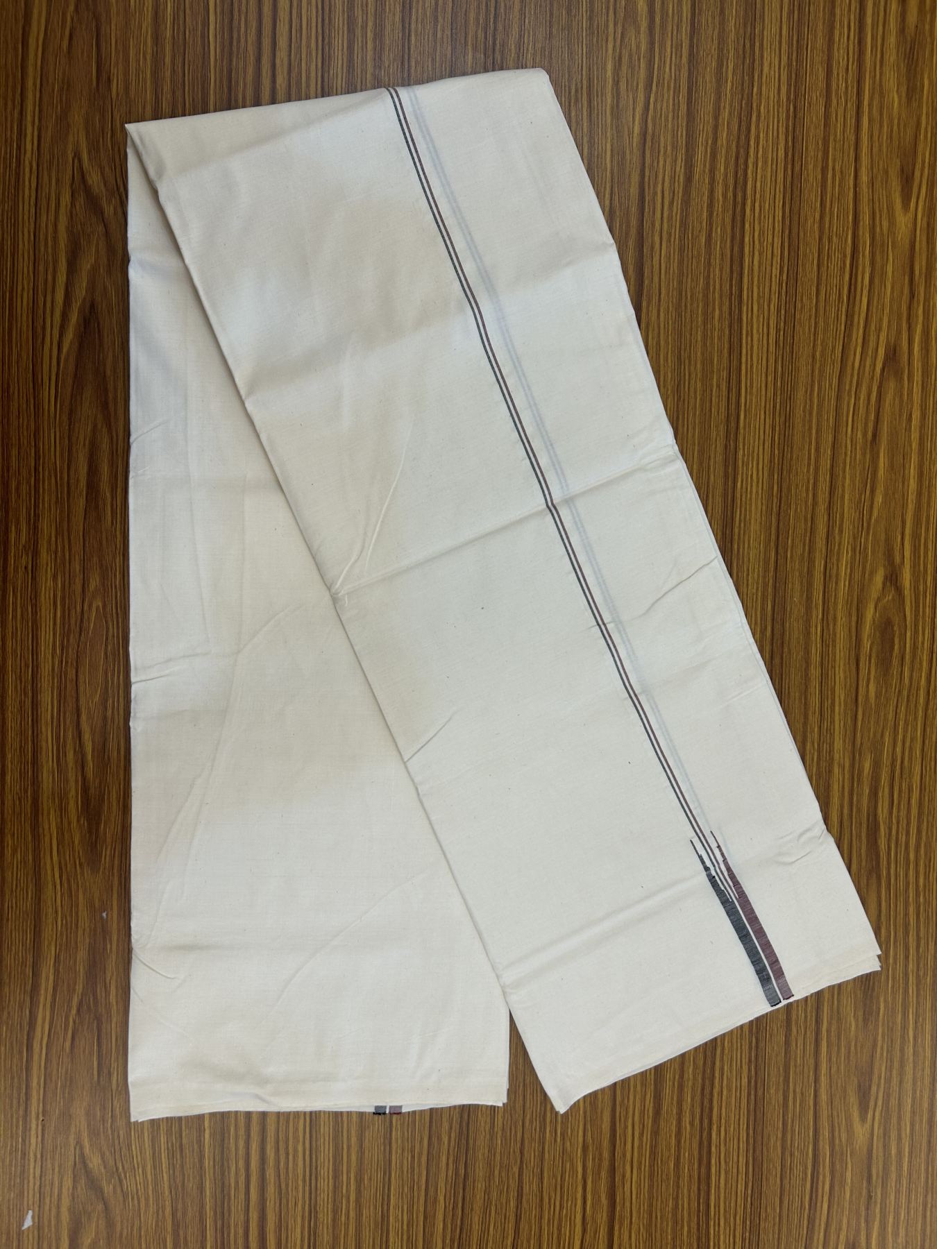 Admk Veshti 20% Discount KaithariKada Balaramapuram 100% Cotton Single Off White (Unbleached) Mundu/Dhoti-100X100- 1 cm Puliyilakkara Maroon & Black Chutty Kara (2 metre / 4 muzham) - 12 KK5324 ASH - Border Stitched
