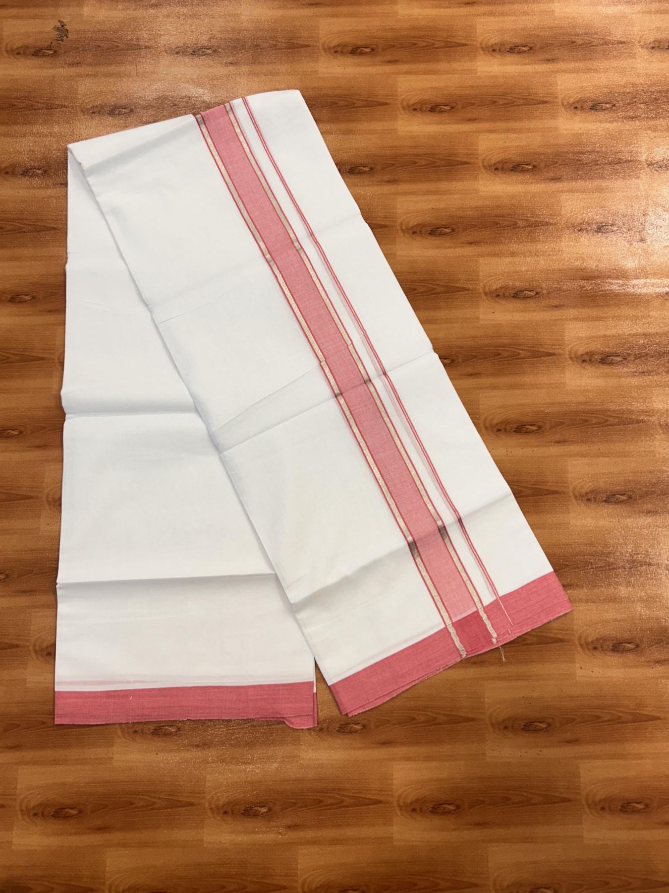 Double Pure White Mundu/Dhoti - 20% Discount !! KaithariKada Balaramapuram 100% Cotton - 60s - 1.5 Inch Dark Pink Shaded Silver Kasav Striped Kara - 3.85 mtr ( 8 muzham) - 21 KK5425 PMC