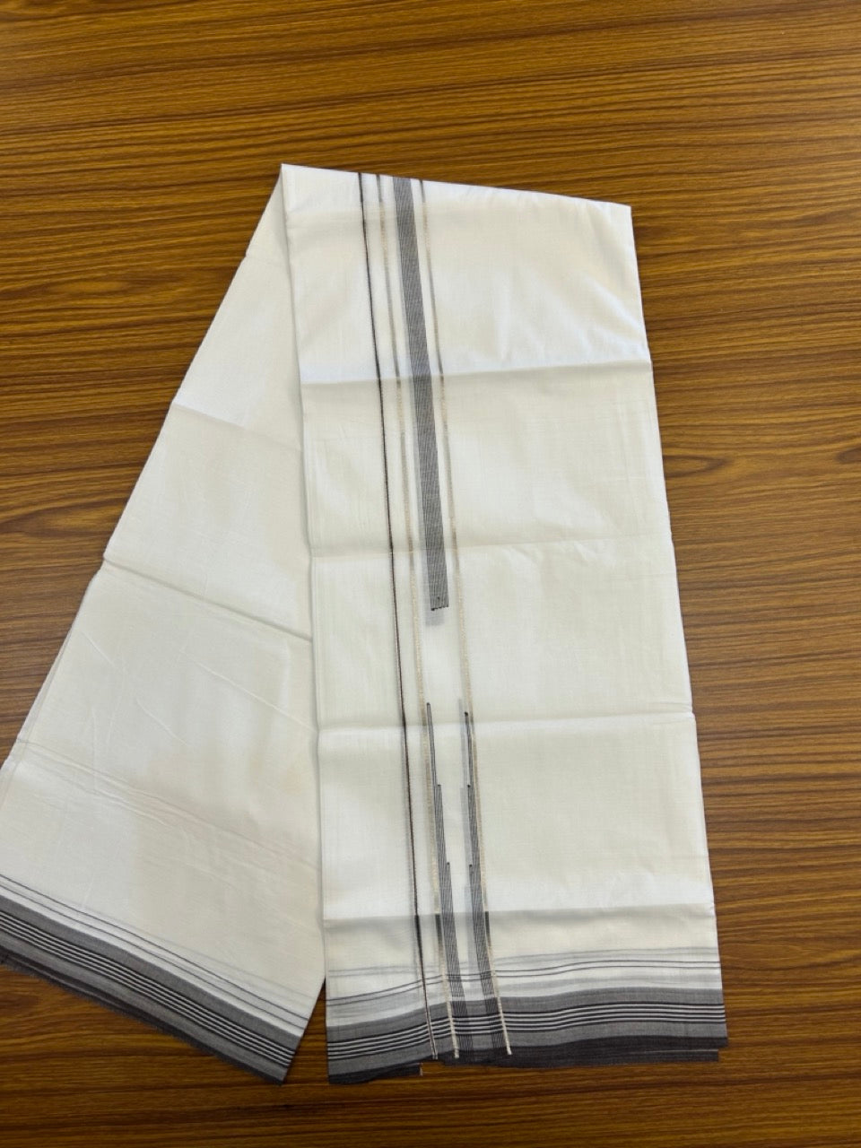 20% Discount ! Kaitharikada Balaramapuram 100% Cotton Pure White Double Mundu/Dothi - 100x80 - 1.25 inch Puliyilakkara Silver Kasav & Brown Striped Chutty Kara  3.90 mtr (8 muzham) - 88 KK5285  VAS