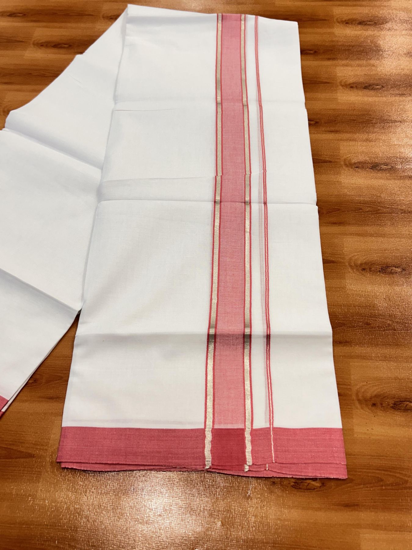 Double Pure White Mundu/Dhoti - 20% Discount !! KaithariKada Balaramapuram 100% Cotton - 60s - 1.5 Inch Dark Pink Shaded Silver Kasav Striped Kara - 3.85 mtr ( 8 muzham) - 21 KK5425 PMC