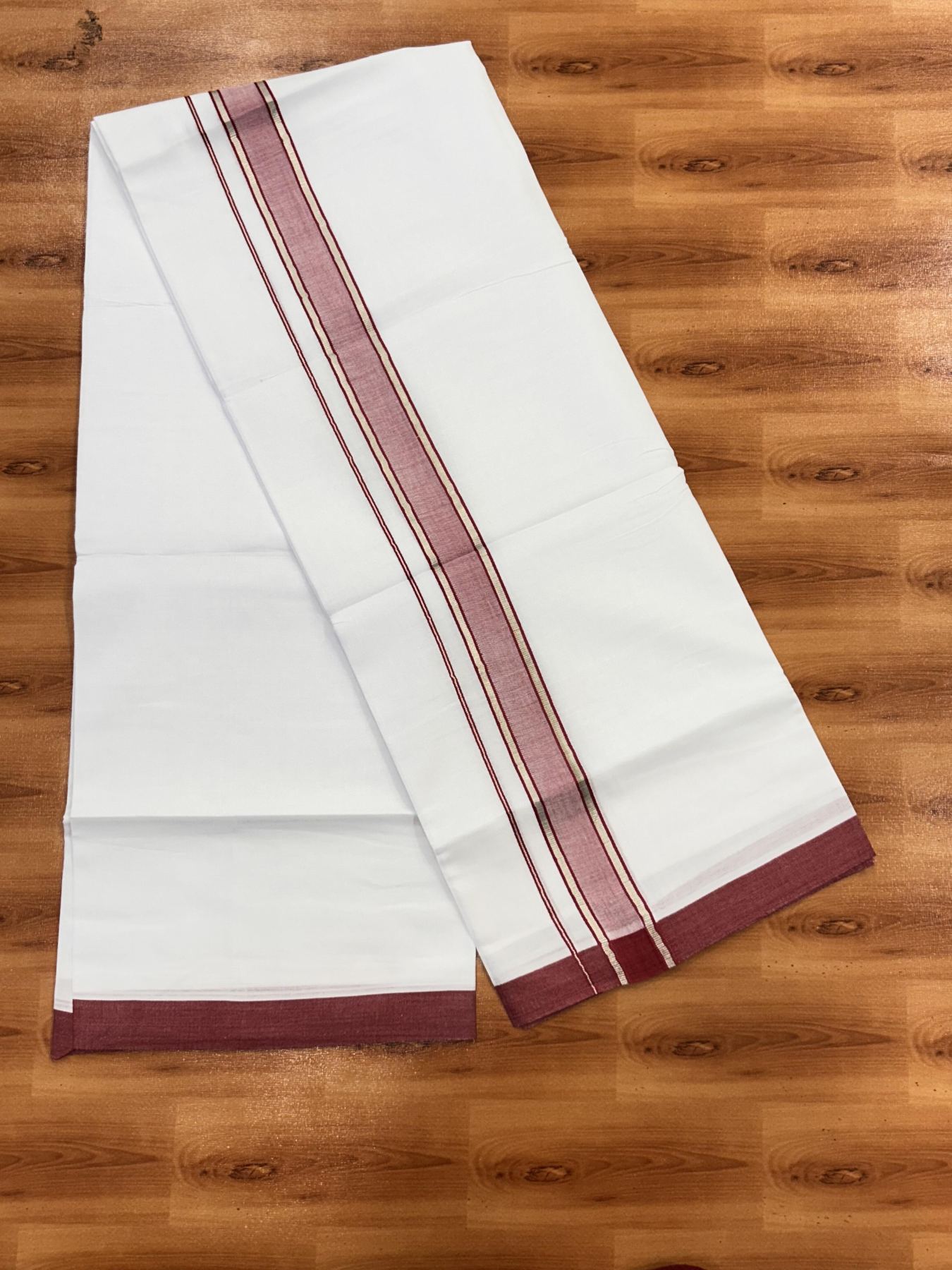 Double Pure White Mundu/Dhoti - 20% Discount !! KaithariKada Balaramapuram 100% Cotton - 60s - 1.5 Inch Maroon Red Shaded Silver Kasav Striped Kara - 3.85 mtr ( 8 muzham) - 22 KK5425 PMC