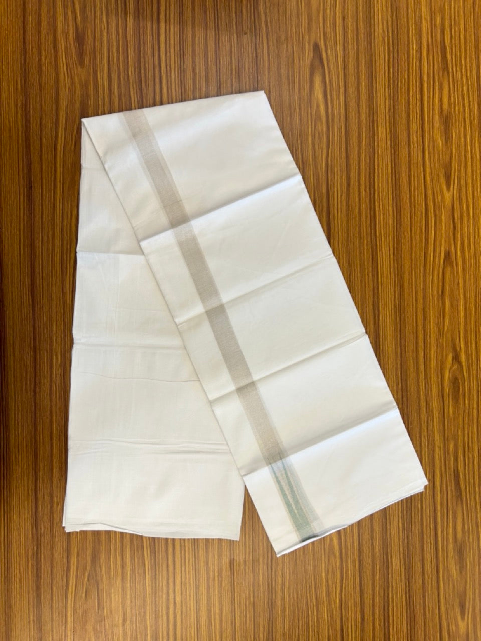 20% Discount ! Kaitharikada Balaramapuram 100% Cotton Pure White Double Mundu/Dothi - 100x80 - 1 inch Puliyilakkara Silver Kasav & Light Green Chutty Kara  3.90 mtr (8 muzham) - 99 KK5285  VAS