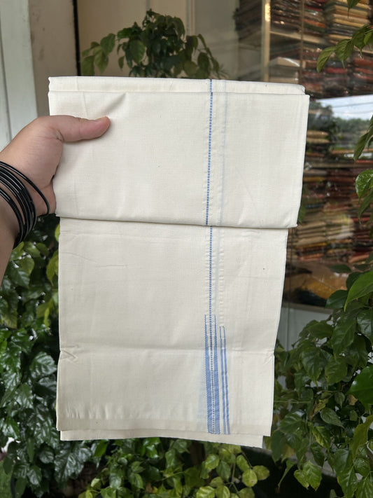 20% Discount ! KaithariKada Balaramapuram 100% Cotton Single Off White (Unbleached) Mundu/Dhoti- Twisted 100s Thread- 1 cm Puliyilakkara Silver Kasav & Light Blue Double Chutty Kara  (2 meter / 4 muzham)- 3 KK5324 ASH - Border Stitched