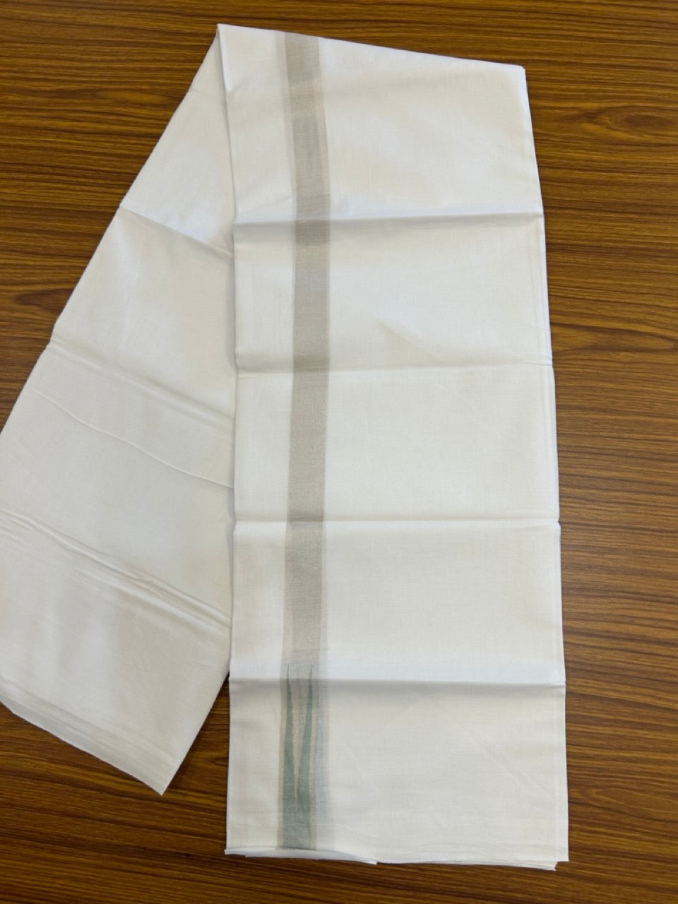 20% Discount ! Kaitharikada Balaramapuram 100% Cotton Pure White Double Mundu/Dothi - 100x80 - 1 inch Puliyilakkara Silver Kasav & Light Green Chutty Kara  3.90 mtr (8 muzham) - 99 KK5285  VAS