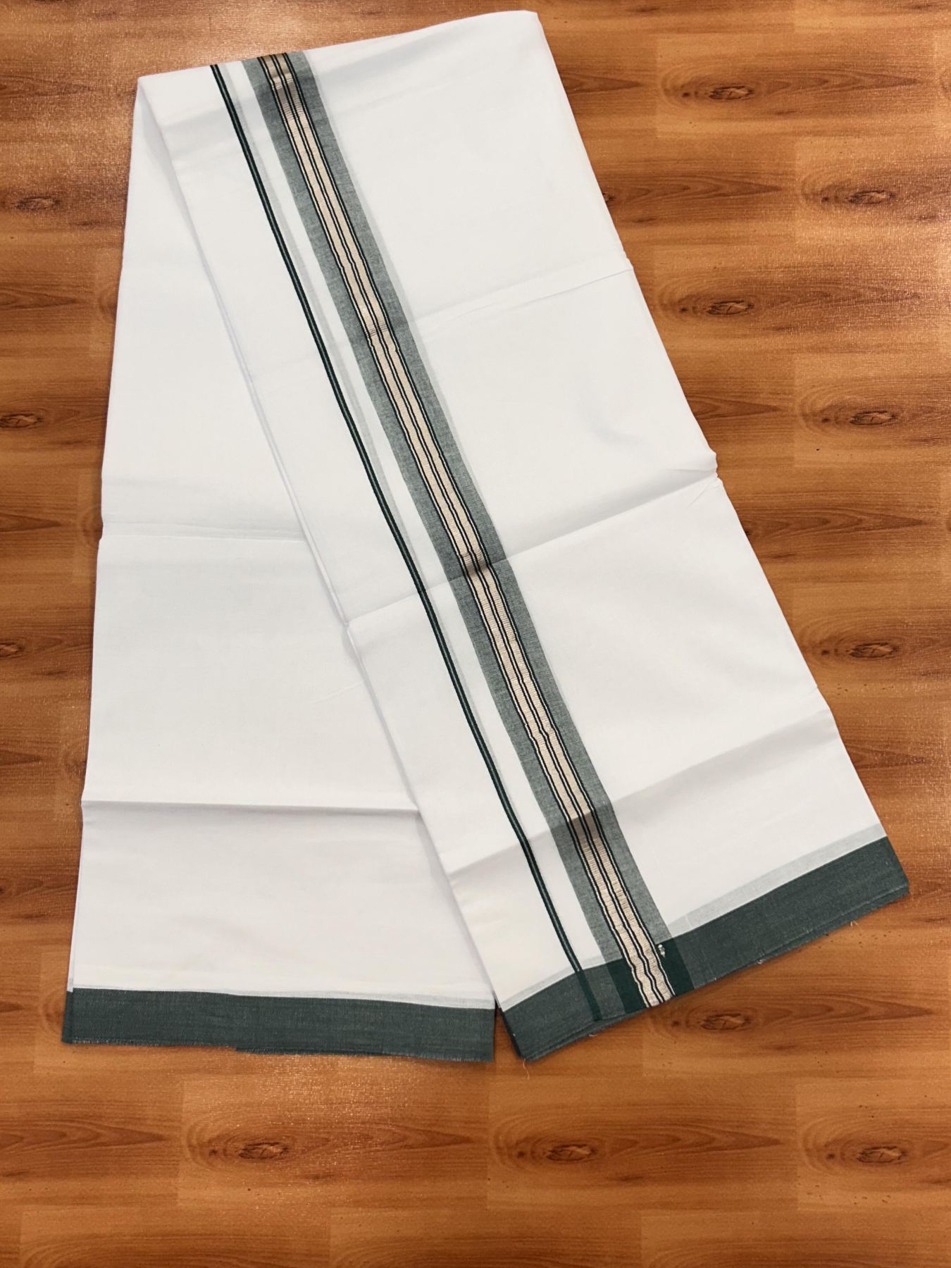 Double Pure White Mundu/Dhoti - 20% Discount !! KaithariKada Balaramapuram 100% Cotton - 60s - 1.5 Inch Dark Green Shaded Silver Kasav Striped Kara - 3.85 mtr ( 8 muzham) - 23 KK5425 PMC