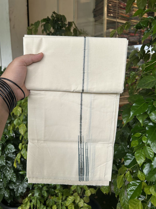 20% Discount ! KaithariKada Balaramapuram 100% Cotton Single Off White (Unbleached) Mundu/Dhoti- Twisted 100s Thread- 1 cm Puliyilakkara Silver Kasav & Green Double Chutty Kara  (2 meter / 4 muzham)- 8 KK5324 ASH - Border Stitched