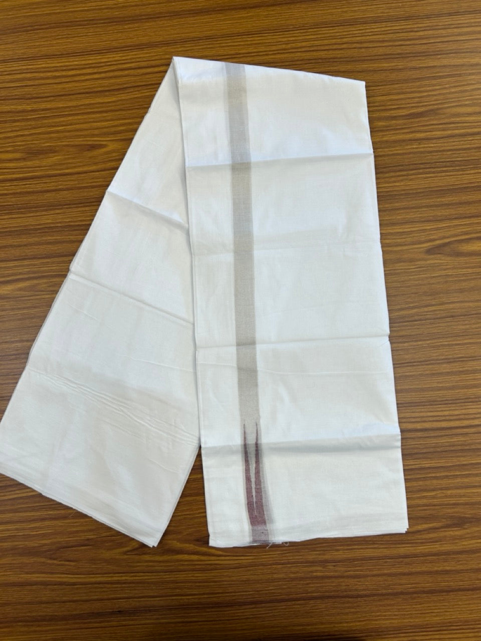 20% Discount ! Kaitharikada Balaramapuram 100% Cotton Pure White Double Mundu/Dothi - 100x80 - 1 inch Puliyilakkara Silver Kasav & Maroon Chutty Kara  3.90 mtr (8 muzham) - 100 KK5285  VAS