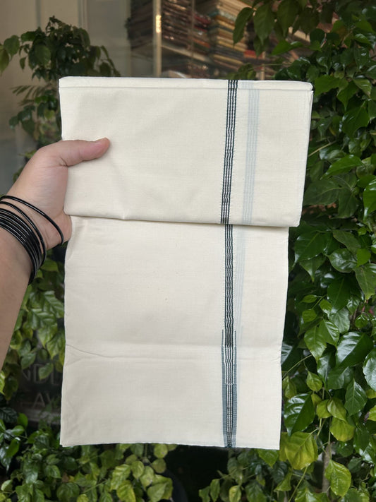 20% Discount ! KaithariKada Balaramapuram 100% Cotton Single Off White (Unbleached) Mundu/Dhoti- Twisted 100s Thread- 0.5 inch Puliyilakkara Silver Kasav & Green Chutty Kara  (2 meter / 4 muzham)- 5 KK5324 ASH - Border Stitched