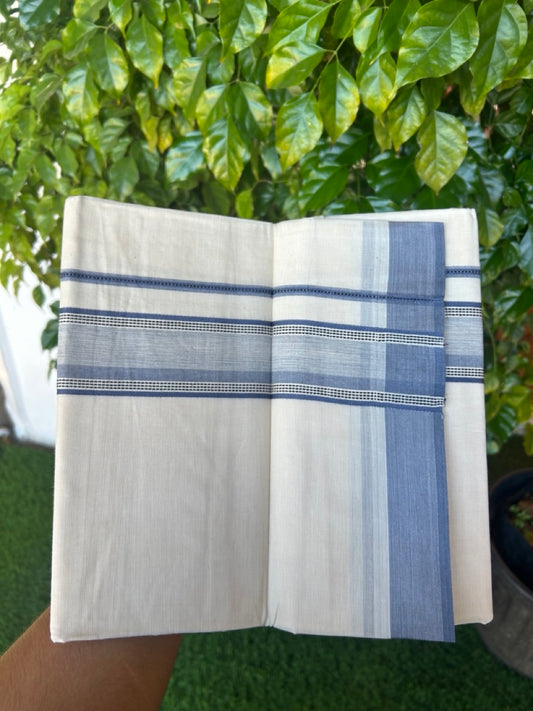 20% DISCOUNT ! KaithariKada Balaramapuram 100%  Cotton OFF WHITE (Unbleached) Double  Mundu/Dhoti - 100X80 - 2 inch Dark Pastel Blue & Black Shaded Designer Kara - 28KK5213 VIN