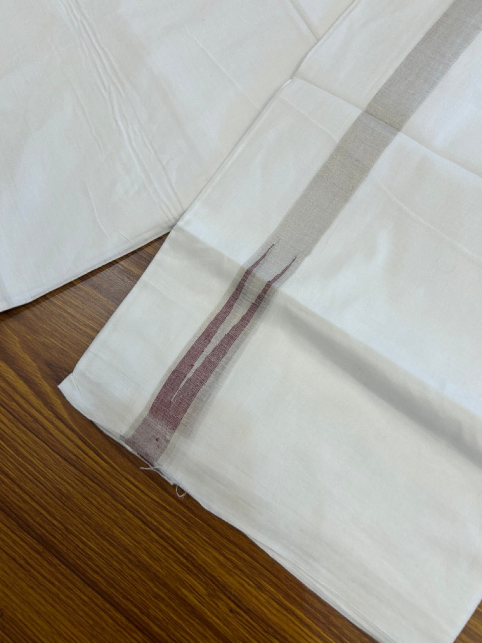 20% Discount ! Kaitharikada Balaramapuram 100% Cotton Pure White Double Mundu/Dothi - 100x80 - 1 inch Puliyilakkara Silver Kasav & Maroon Chutty Kara  3.90 mtr (8 muzham) - 100 KK5285  VAS
