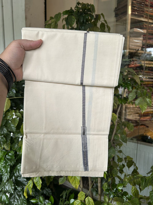 20% Discount ! KaithariKada Balaramapuram 100% Cotton Single Off White (Unbleached) Mundu/Dhoti- Twisted 100s Thread- 1 cm Puliyilakkara Silver Kasav & Black Chutty Kara  (2 meter / 4 muzham)- 9 KK5324 ASH - Border Stitched
