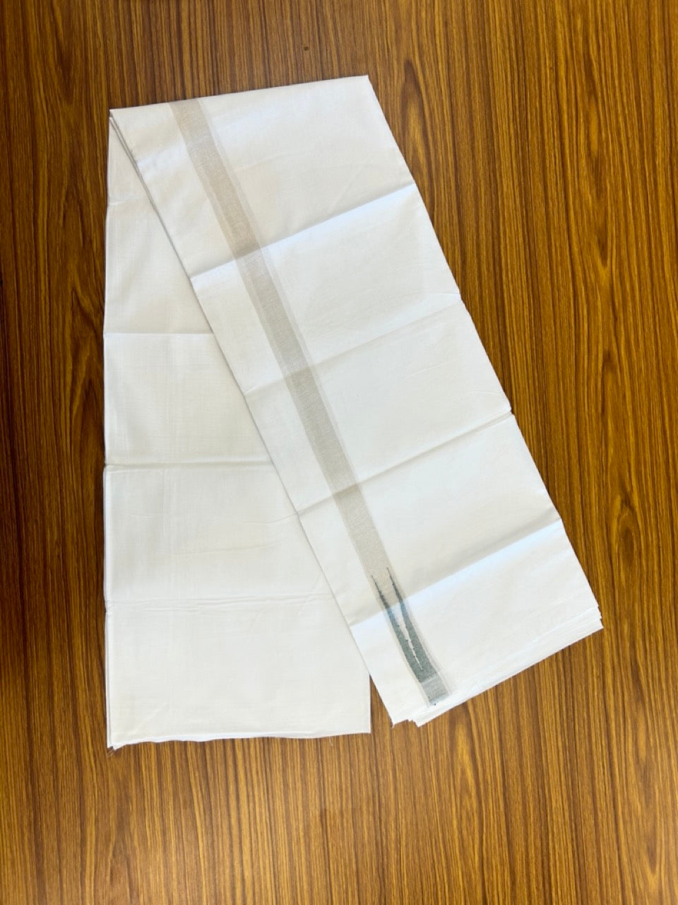20% Discount ! Kaitharikada Balaramapuram 100% Cotton Pure White Double Mundu/Dothi - 100x80 - 1 inch Puliyilakkara Silver Kasav & Green Chutty Kara  3.90 mtr (8 muzham) - 101 KK5285  VAS