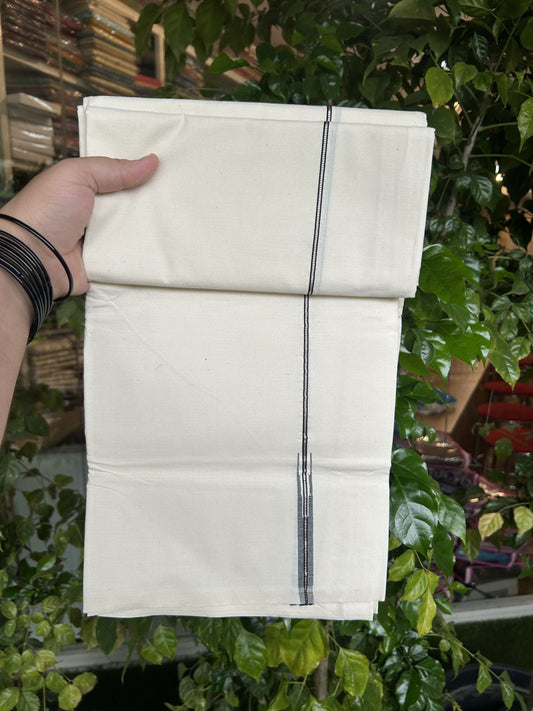 20% Discount ! KaithariKada Balaramapuram 100% Cotton Single Off White (Unbleached) Mundu/Dhoti- Twisted 100s Thread- 1 cm Puliyilakkara Silver Kasav & Black Chutty Kara  (2 meter / 4 muzham)- 7 KK5324 ASH - Border Stitched