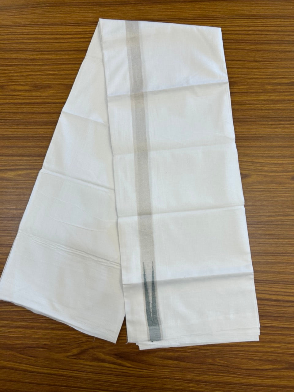 20% Discount ! Kaitharikada Balaramapuram 100% Cotton Pure White Double Mundu/Dothi - 100x80 - 1 inch Puliyilakkara Silver Kasav & Green Chutty Kara  3.90 mtr (8 muzham) - 101 KK5285  VAS