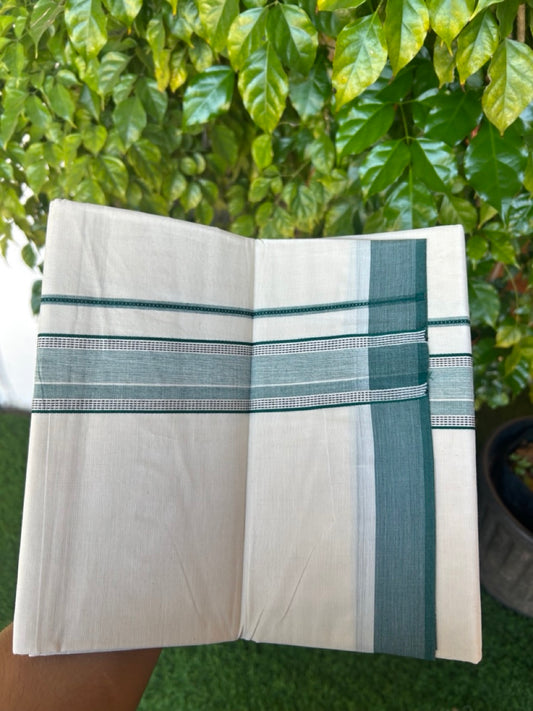 20% DISCOUNT ! KaithariKada Balaramapuram 100%  Cotton OFF WHITE (Unbleached) Double  Mundu/Dhoti - 100X80 - 1.75 inch Dark Green & Black Shaded Designer Kara - 24KK5213 VIN