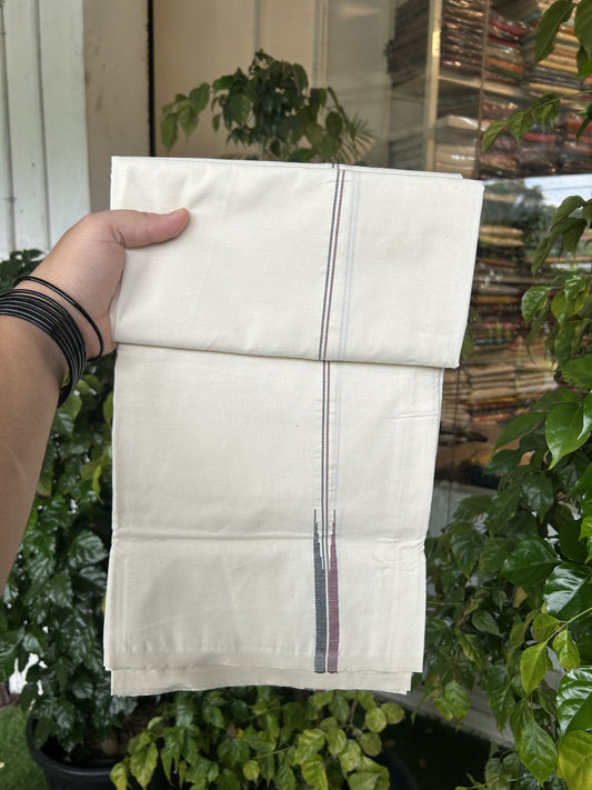 Admk Veshti 20% Discount KaithariKada Balaramapuram 100% Cotton Single Off White (Unbleached) Mundu/Dhoti-100X100- 1 cm Puliyilakkara Maroon & Black Chutty Kara (2 metre / 4 muzham) - 12 KK5324 ASH - Border Stitched