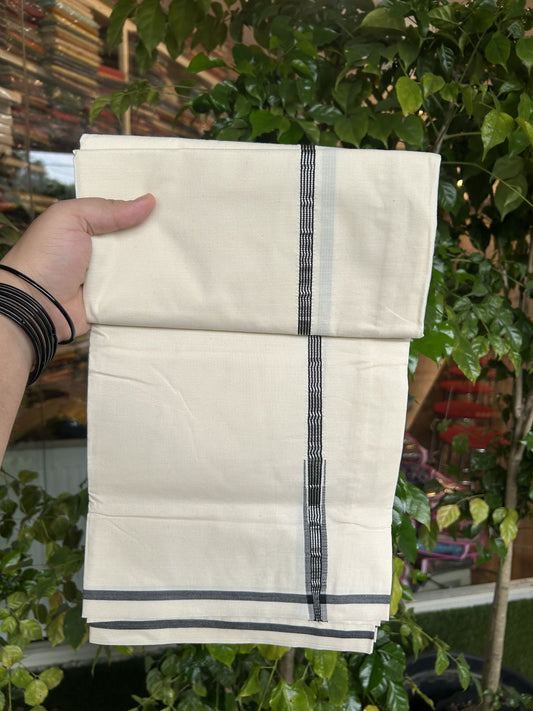 20% Discount ! KaithariKada Balaramapuram 100% Cotton Single Off White (Unbleached) Mundu/Dhoti- Twisted 100s Thread- 0.5 inch Puliyilakkara Silver Kasav & Black Chutty Kara  (2 meter / 4 muzham)- 10 KK5324 ASH - Border Stitched