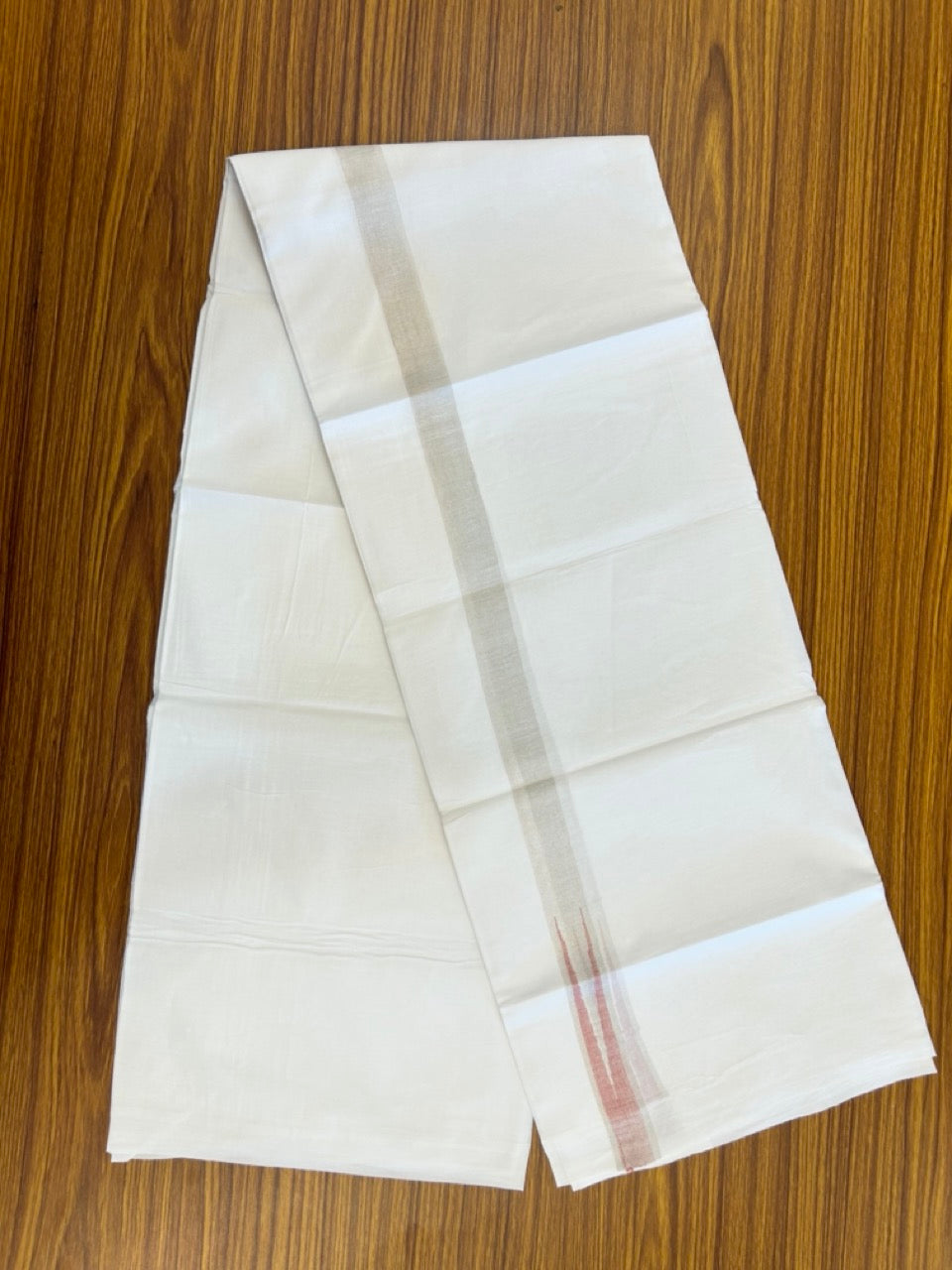 20% Discount ! Kaitharikada Balaramapuram 100% Cotton Pure White Double Mundu/Dothi - 100x80 - 1 inch Puliyilakkara Silver Kasav & Peach Chutty Kara  3.90 mtr (8 muzham) - 102 KK5285  VAS
