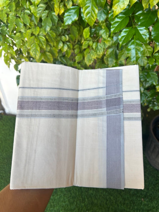 20% DISCOUNT ! KaithariKada Balaramapuram 100%  Cotton OFF WHITE (Unbleached) Double  Mundu/Dhoti - 100X80 - 1.5 inch Purple, Ash Blue & Black Shaded Designer Kara - 21KK5213 VIN