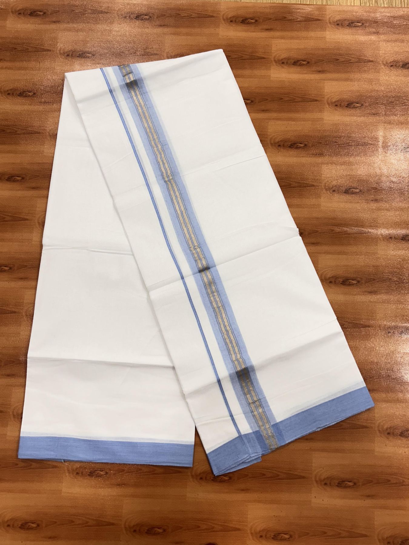 Double Pure White Mundu/Dhoti - 20% Discount !! KaithariKada Balaramapuram 100% Cotton - 60s - 1.25 Inch Light Blue Shaded Silver Kasav Striped Kara - 3.85 mtr ( 8 muzham) - 27 KK5425 PMC
