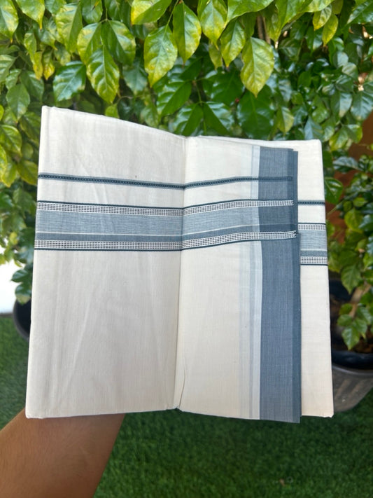 20% DISCOUNT ! KaithariKada Balaramapuram 100%  Cotton OFF WHITE (Unbleached) Double  Mundu/Dhoti - 100X80 - 1.5 inch Pine Green & Black Shaded Designer Kara - 20KK5213 VIN