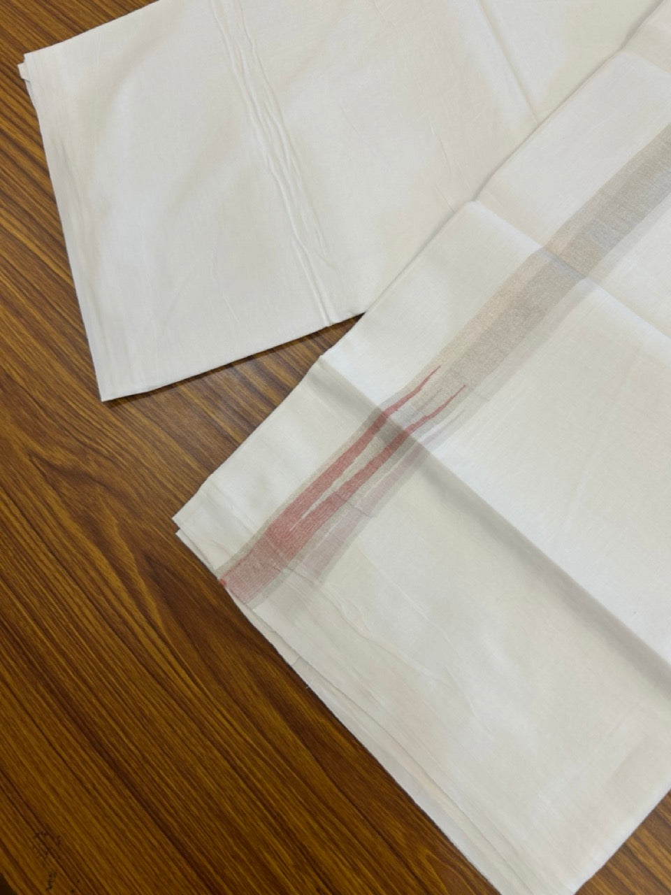 20% Discount ! Kaitharikada Balaramapuram 100% Cotton Pure White Double Mundu/Dothi - 100x80 - 1 inch Puliyilakkara Silver Kasav & Peach Chutty Kara  3.90 mtr (8 muzham) - 102 KK5285  VAS