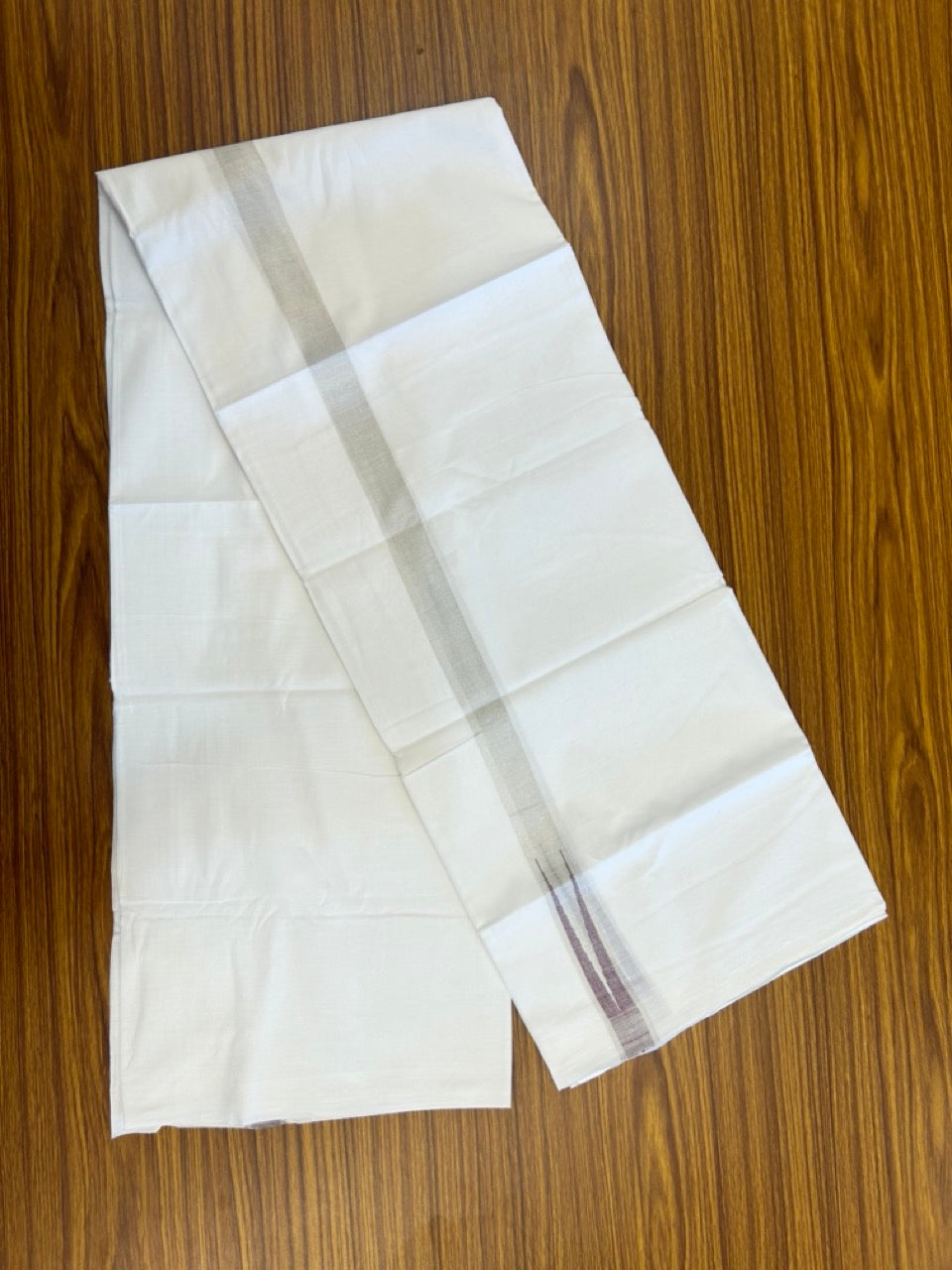 20% Discount ! Kaitharikada Balaramapuram 100% Cotton Pure White Double Mundu/Dothi - 100x80 - 1 inch Puliyilakkara Silver Kasav & Violet Chutty Kara  3.90 mtr (8 muzham) - 103 KK5285  VAS