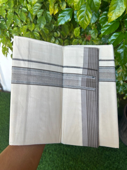 20% DISCOUNT ! KaithariKada Balaramapuram 100%  Cotton OFF WHITE (Unbleached) Double  Mundu/Dhoti - 100X80 - 1.5 inch Brown & Black Stripes & Shaded Designer Kara - 15KK5213 VIN