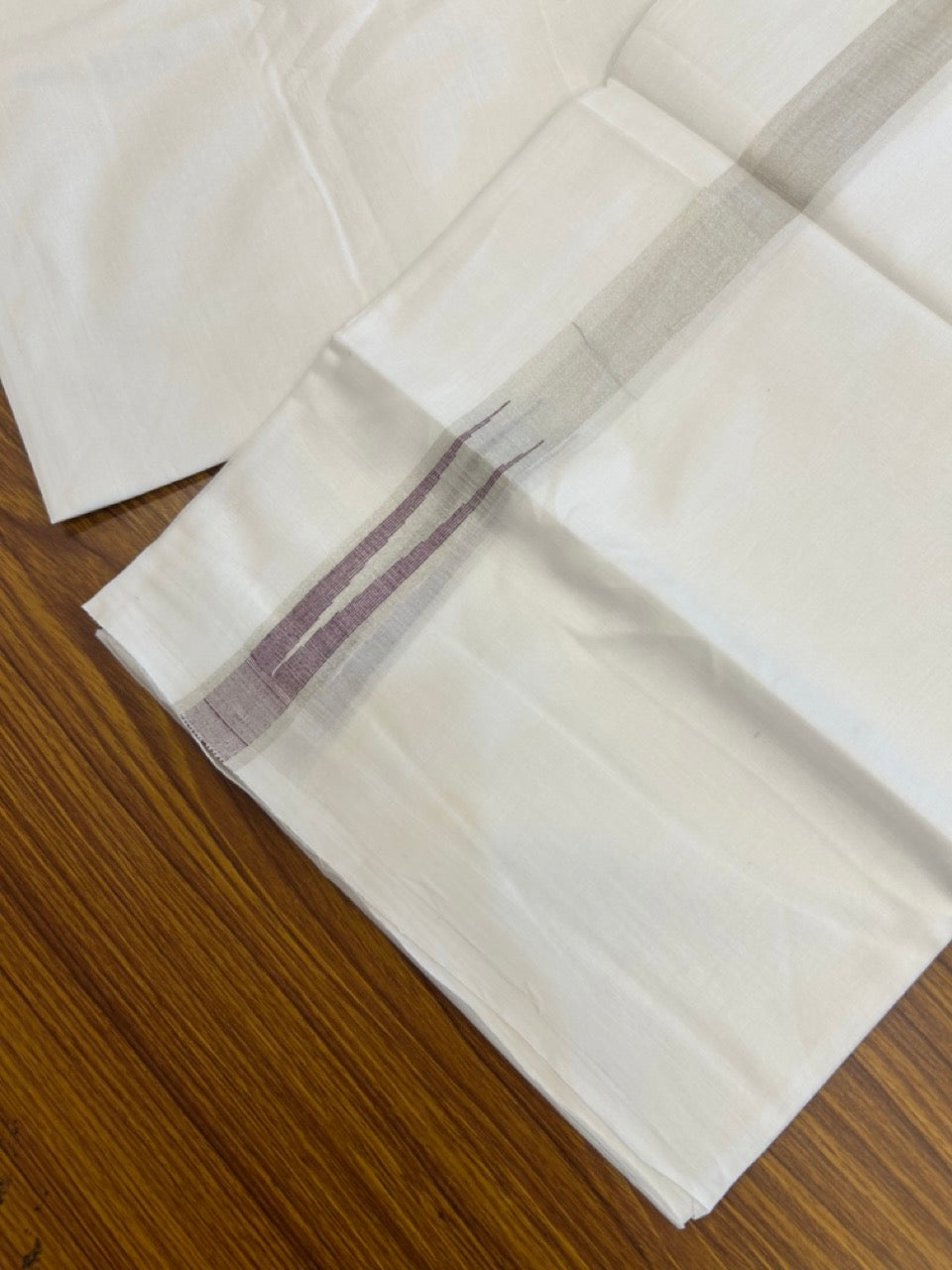 20% Discount ! Kaitharikada Balaramapuram 100% Cotton Pure White Double Mundu/Dothi - 100x80 - 1 inch Puliyilakkara Silver Kasav & Violet Chutty Kara  3.90 mtr (8 muzham) - 103 KK5285  VAS