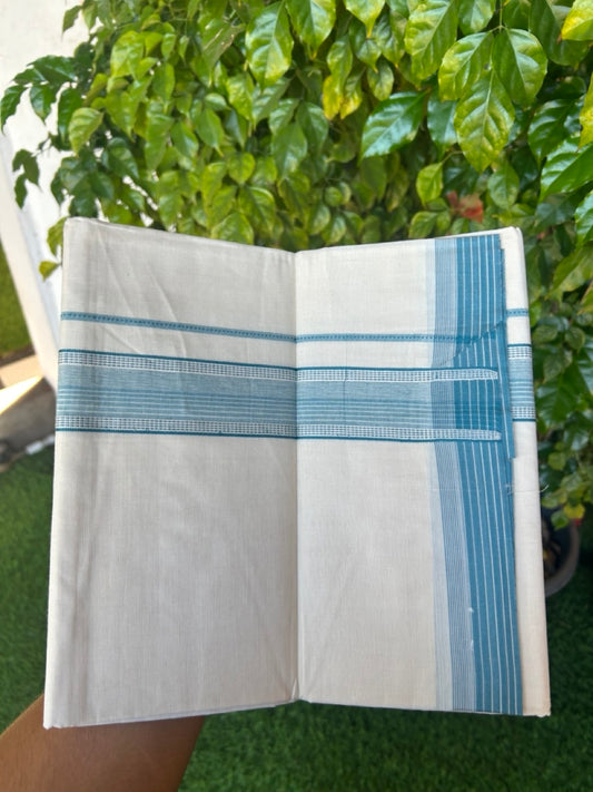 20% DISCOUNT ! KaithariKada Balaramapuram 100%  Cotton OFF WHITE (Unbleached) Double  Mundu/Dhoti - 100X80 - 1.5 inch Peacock Blue Stripes & Shaded Designer Kara - 16KK5213 VIN