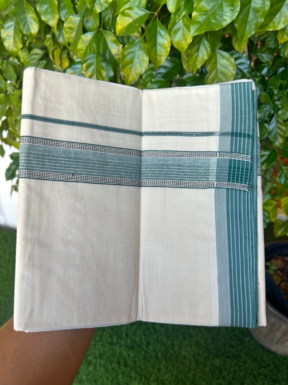 20% DISCOUNT ! KaithariKada Balaramapuram 100%  Cotton OFF WHITE (Unbleached) Double  Mundu/Dhoti - 100X80 - 1.5 inch Dark Green & Black Striped & Shaded Designer Kara - 29KK5213 VIN