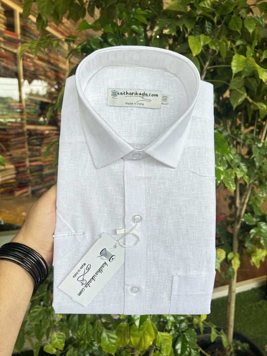 Pure Linen Cotton White Shirt - HALF Sleeve  - Slub Weaving Kaitharikada Original - Politician Type - 4KK1003S