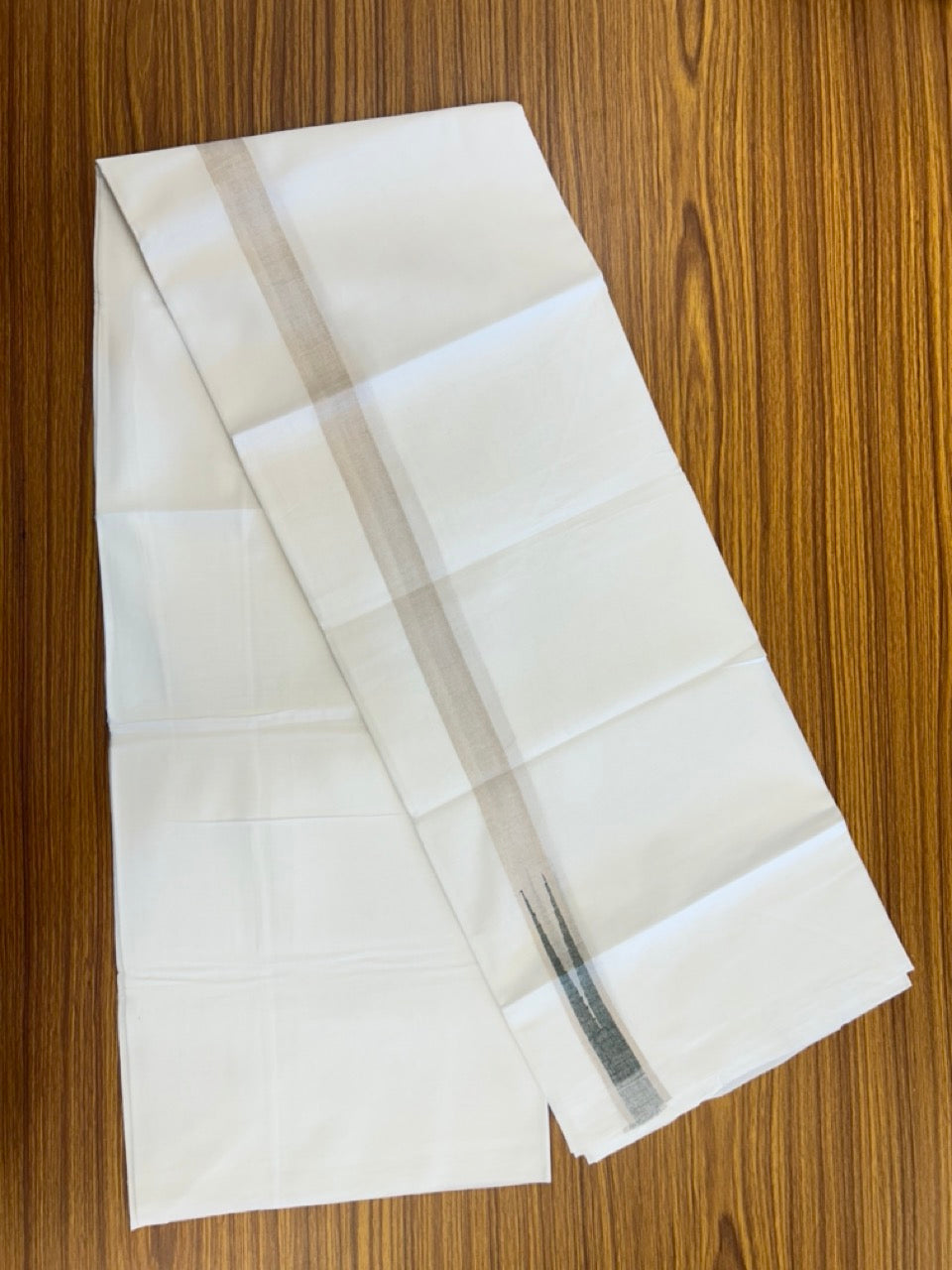 20% Discount ! Kaitharikada Balaramapuram 100% Cotton Pure White Double Mundu/Dothi - 100x80 - 1 inch Puliyilakkara Silver Kasav & Dark Green Chutty Kara  3.90 mtr (8 muzham) - 106 KK5285  VAS