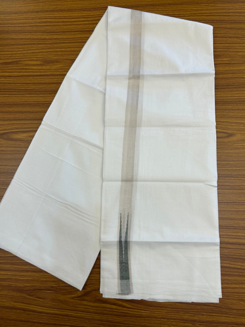 20% Discount ! Kaitharikada Balaramapuram 100% Cotton Pure White Double Mundu/Dothi - 100x80 - 1 inch Puliyilakkara Silver Kasav & Dark Green Chutty Kara  3.90 mtr (8 muzham) - 106 KK5285  VAS