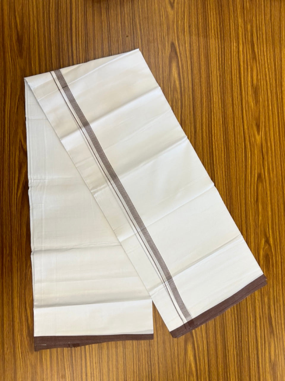 20% Discount ! Kaitharikada Balaramapuram 100% Cotton Pure White Double Mundu/Dothi - 100x80 - 0.5 inch Dark Brown Striped Kara 3.90 mtr (8 muzham) - 62 KK5285 VAS