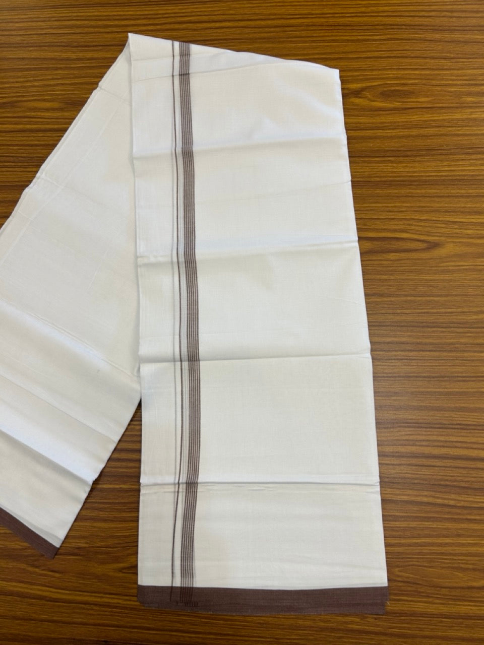 20% Discount ! Kaitharikada Balaramapuram 100% Cotton Pure White Double Mundu/Dothi - 100x80 - 0.5 inch Dark Brown Striped Kara 3.90 mtr (8 muzham) - 62 KK5285 VAS