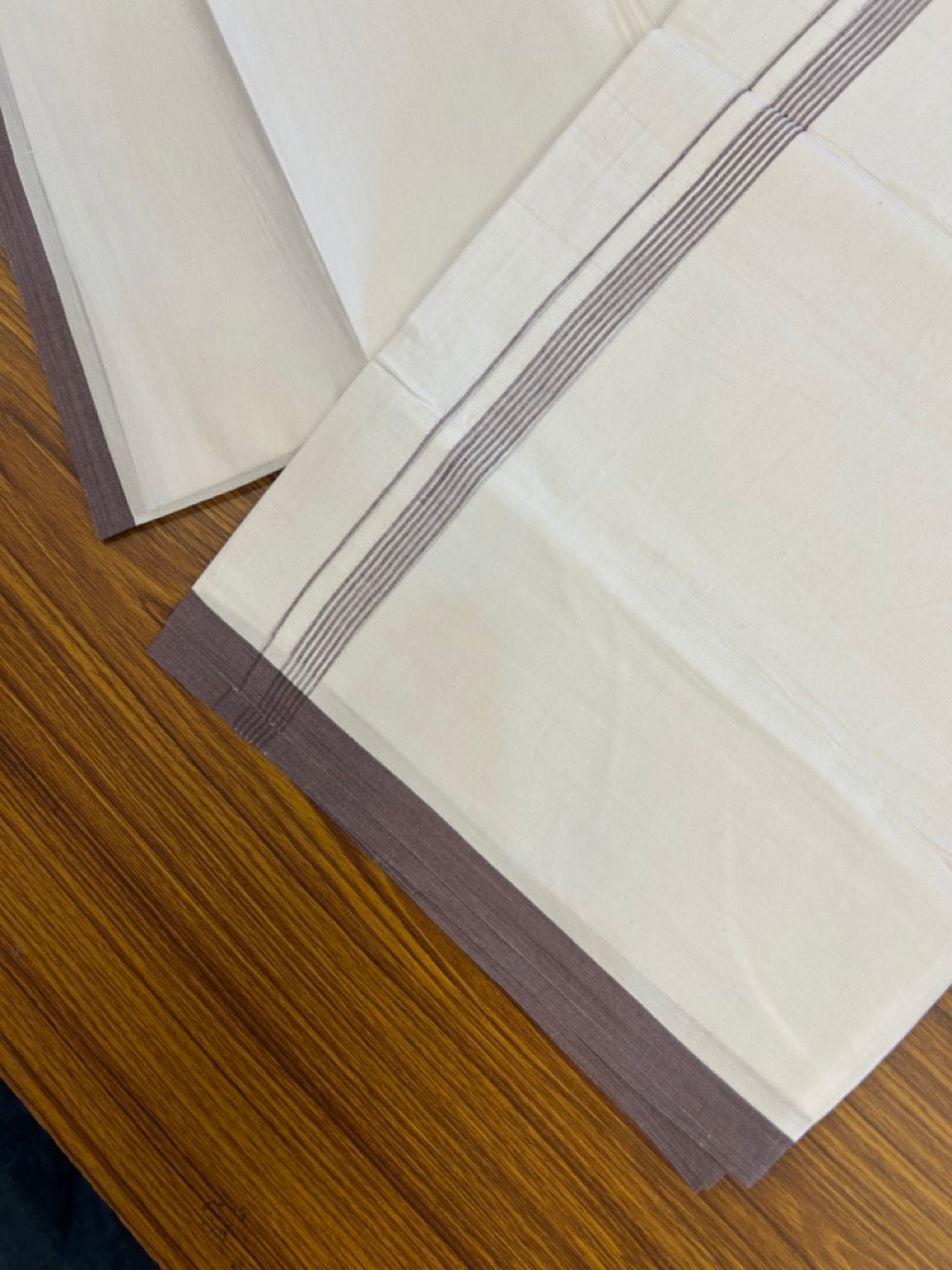 20% Discount ! Kaitharikada Balaramapuram 100% Cotton Pure White Double Mundu/Dothi - 100x80 - 0.5 inch Light Plum Striped Kara 3.90 mtr (8 muzham) - 63 KK5285 VAS