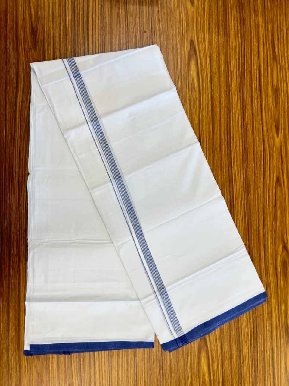 20% Discount ! Kaitharikada Balaramapuram 100% Cotton Pure White Double Mundu/Dothi - 100x80 - 0.5 inch Navy Blue Striped Kara 3.90 mtr (8 muzham) - 65 KK5285 VAS