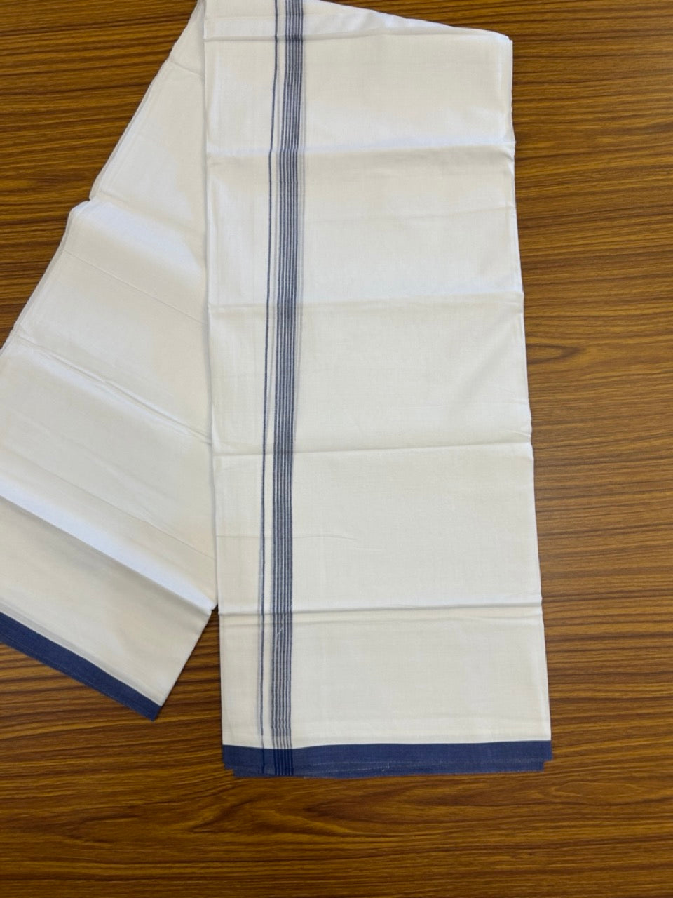 20% Discount ! Kaitharikada Balaramapuram 100% Cotton Pure White Double Mundu/Dothi - 100x80 - 0.5 inch Navy Blue Striped Kara 3.90 mtr (8 muzham) - 65 KK5285 VAS