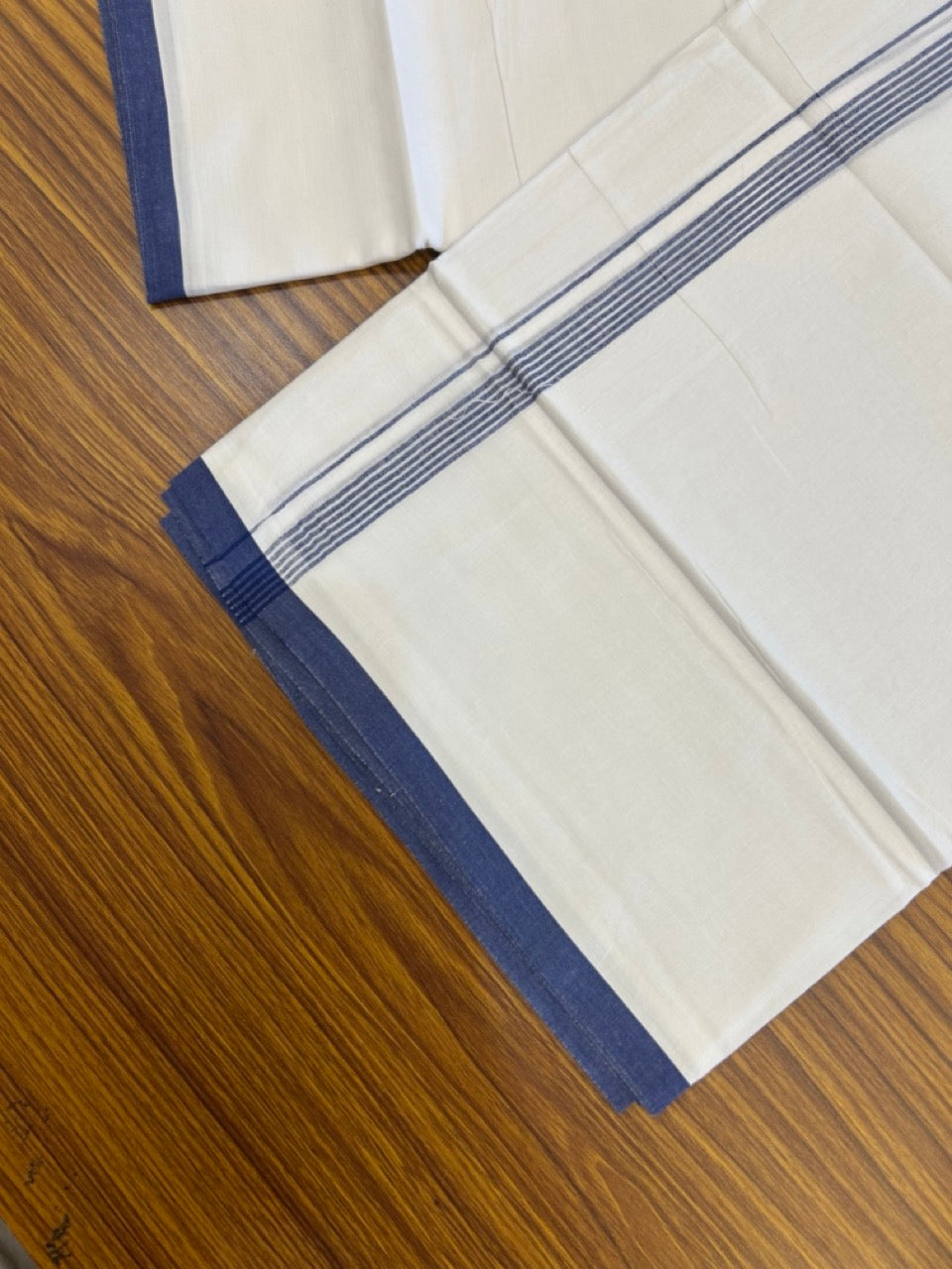 20% Discount ! Kaitharikada Balaramapuram 100% Cotton Pure White Double Mundu/Dothi - 100x80 - 0.5 inch Navy Blue Striped Kara 3.90 mtr (8 muzham) - 65 KK5285 VAS